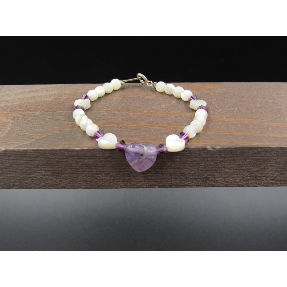5.5" Sterling Silver Small Shell And Amethyst Heart Bracelet Vintage Elegant